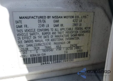 2006 Nissan Altima 2.5 S from USA, damaged, VIN 1N4AL11D86C269590